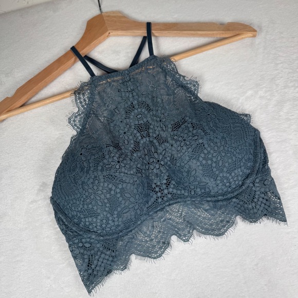 PINK Victoria's Secret Other - PINK Victoria's Secret Eye Lash Lace High Neck Push Up Bralette Gray Size S AA-C